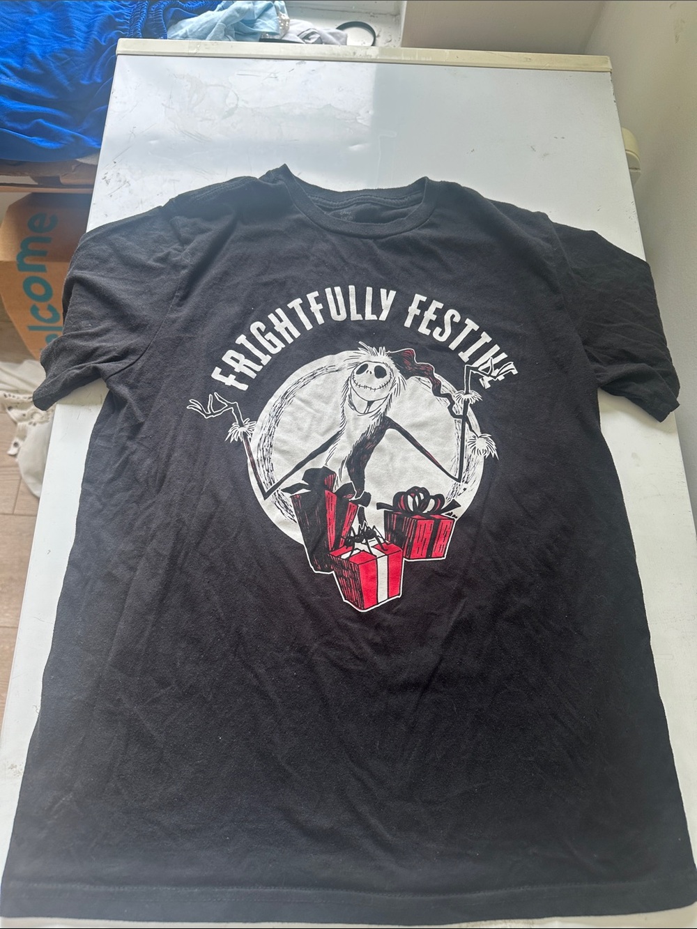 Disney Black 'Frightfully Festive' Short Sleeve Tee with Red Gift Graphic